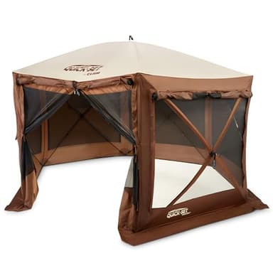 CLAM Pop Up Screen Tent, Large Outdoor Camping Gazebo Canopy, Pavilion, 12.5', Brown - Foldable and Portable Screened Shelter with Netting for Beach, Patio, and Backyard