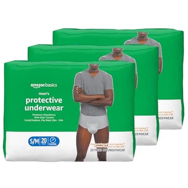 Amazon Basics Maximum Absorbency Incontinence Underwear for Men with Leak Protection and Odor Control, Disposable, Small/Medium, 60 Count (3 Packs of 20)