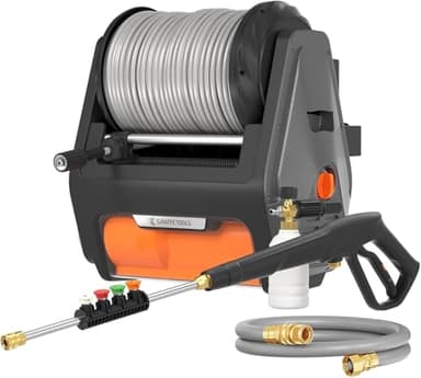 Giraffe Tools Grandfalls Wall Mounted Pressure Washer Pro, Max 2900 PSI, 2.2 GPM Electric Power Washer with 100ft Retractable Hose, Foam Cannon, 4-Nozzles, Automatic Rewind