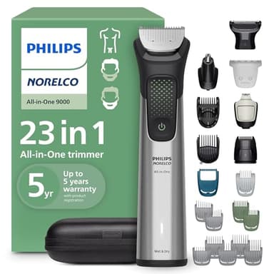 Norelco Philips All-in-One 9000 Series 23-Piece Trimmer - Electric Shaver and Clipper for Face, Beard, Head & Body, Self-Sharpening Full Metal Blades, 29 Length Settings (0.5-16 mm), MG9575/49