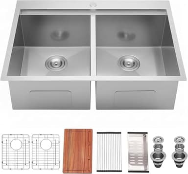IKEBANA 33x22 Inch 16 Gauge Stainless Steel Brushed Nickel Double Bowl Drop - In Kitchen Sink, Workstation Sink with Accessories