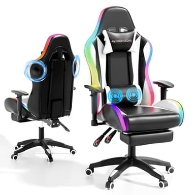 Mr IRONSTONE RGB Gaming Chair with Bluetooth Speakers, Ergonomic Gamer Chair with LED Lights, Vibration Lumbar Support, Footrest and High Back Reclining Design for Adults, Black