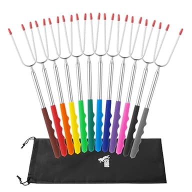 UNCO- Extra Long Marshmallow Roasting Sticks, 12 pcs, 45", Colorful Rubber Handles, Extendable Stainless Steel Marshmallow Roasting Sticks with Canvas Storage Bag, Skewers for Smores Skewers
