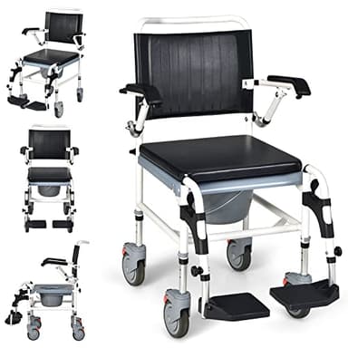 GYMAX 4-in-1 Bedside Commode, Shower Chair with Lockable Wheels, Height Adjustable Rolling Toilet Chair with Detachable Bucket, Portable Handicap Transport Wheelchair for Adult, Disabled, Elderly