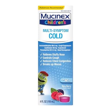 Mucinex Children's Multi-Symptom Cold Medicine, Kids Cough Medicine, Mucinex Kids Medicine/Decongestant with Dextromethorphan HBr, Guaifenesin, Phenylephrine HCl, Very Berry Flavor Liquid, 4 Fl Oz