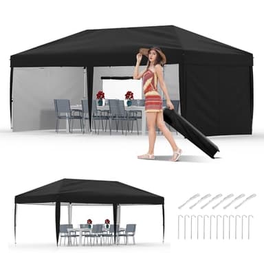 10x20 Pop Up Canopy with 4 Sidewalls, Beach Ten with One Push Setup, Heavy Duty Outdoor Instant Canopy Tent with Portable Roller Bag, Silver Coated Top, 3 Adjustable Height, Sandbags,Black