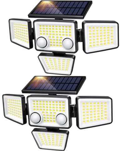 LYWALT Solar Outdoor Lights - 3000LM 188 LED Motion Sensor Outdoor Lights, 4 Heads Security Light,IP65 Waterproof, Easy Install,270°Wide Angle Flood Wall Light with 3 Modes for Backyard Yard (2 Pack)