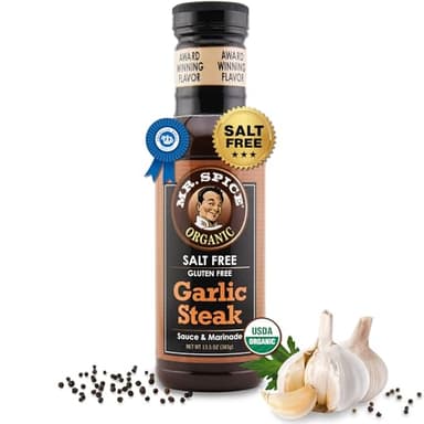 Mr. Spice Organic Garlic Steak Sauce, Salt Free Steak Sauce and Marinade, Gluten Free, Low Sodium Sauces and Marinades, Grill & Air Fryer, No Salt Award-Winning Flavor, 13.5 Ounce (Pack of 1)