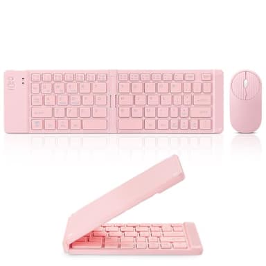 Mini Rechargeable Foldable Bluetooth Keyboard and Mouse Combo, Portable (Sync Up to 3 Devices), Ultra-Slim Travel Folding Keyboard for iPhone iPad Mac Android Windows iOS（Pink）