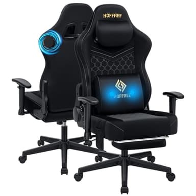 HOFFREE Gaming Chair with Speakers Bluetooth Massage Gaming Chairs for Adults Suede Fabric 165° Reclining Ergonomic Computer Chairs with Footrest Pocket Spring Cushion High Back Gamer Chair Black
