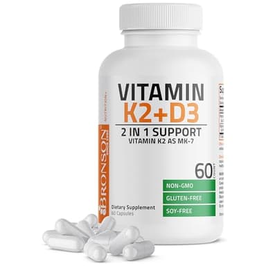 Bronson Vitamin K2 D3 (MK7) Supplement Non-GMO Formula Vitamin D3 5000IU (125 mcg) & 90 mcg K2 MK-7, Easy to Swallow D & K Complex, 60 Capsules