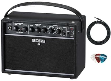 Boss Katana-Mini X 10-Watt 1x5-Inch Portable Guitar Amplifier Bundle with Gearlux Instrument Cable and 3-Pack Picks