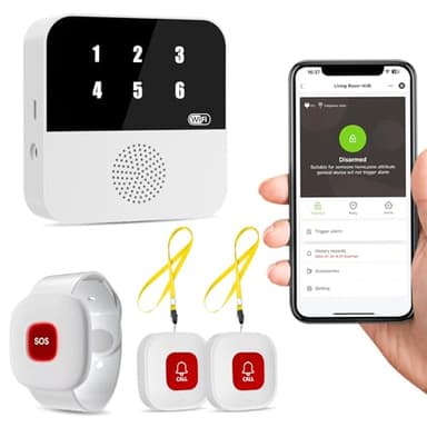 PILSAMAS WiFi Caregiver Pager Smart Call System - Display Caller ID & App Alerts, No Monthly Fee, IP65 Waterproof Wristband + 2 Call Buttons, Emergency Alert Button for Elderly at Home & Nursing Care
