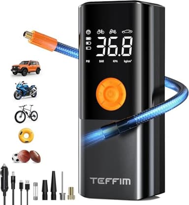 Teffim Tire Inflator Portable Air Compressor, Air Pump for Car Tires with LED Light, Cordless Tire Pump with Pressure Gauge,Tire Inflator for Car, Motorcycle, Bike