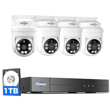 Hiseeu 3K 360°View PTZ Wired Security Camera System with Color Night Vision,Audio 8ch 5MP DVR,4PCS Cameras,1TB HDD,Person/Vehicle Detection,Home CCTV Camera System Outdoor,24/7 Record