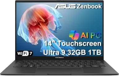 ASUS Zenbook 14 AI PC OLED Touchscreen Laptop, Intel Ultra 9 285H, 32GB DDR5, 1TB SSD, 14" FHD+, 16-Core (> i9-13900H), Backlit, 2x Thunderbolt 4, Wi-Fi 7, 18-Hr Battery, IR Webcam, Win 11 Pro, UX3405