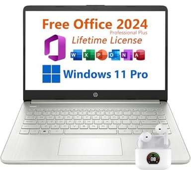 HP 14" Laptop, Free Microsoft Office 2024, Intel 4-Core Processor 2.6 GHz, 11 Hours Battery Life, 8GB RAM, 128GB eMMC Storage + 128GB Micro SD Card, USB-C, Windows 11 Pro, Toree Wireless Earbuds