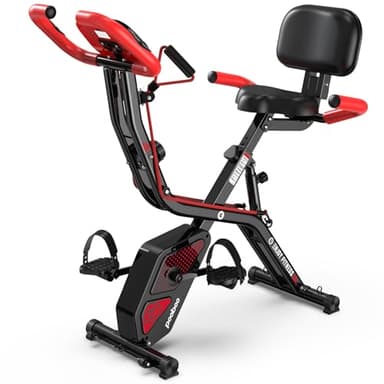 pooboo Folding Exercise Bike, Fitness Stationary Bike Machine, Upright Indoor Cycling Bike, 4-in-1 Magnetic X-Bike with 8-Level Adjustable Resistance, Bottle Holder, Arm Resistance Bands, Pulse Sensor & Back Support Cushion for Home Gym Workout (red)