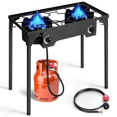 Outvita 2 Burner Propane Gas Stove for Outdoor Cooking, 150,000 BTU Camping Cooker with Removable Legs, Temperature Control Knobs for Backyard Cooking, BBQ, Baking and Frying