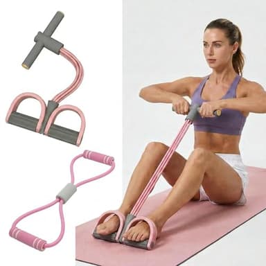 6-Tube Resistance Bands with Handles, Pedal Resistance Band Elastic Foot Puller for Sit Up Abdomen Waist Arm Leg Stretching Training, Natural Latex Home Gym Fitness Equipment, Pink