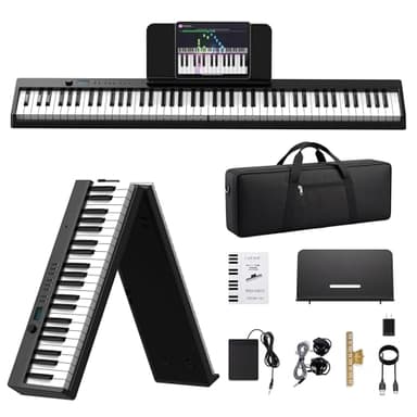 Carina Piano Keyboard, 88 Keys Full Size Semi Weighted Foldable Piano, Portable Electronic Keyboard Piano with Light Up Keys, Sustain Pedal, Keyboard Stickers, Music Stand and Piano Bag, Black