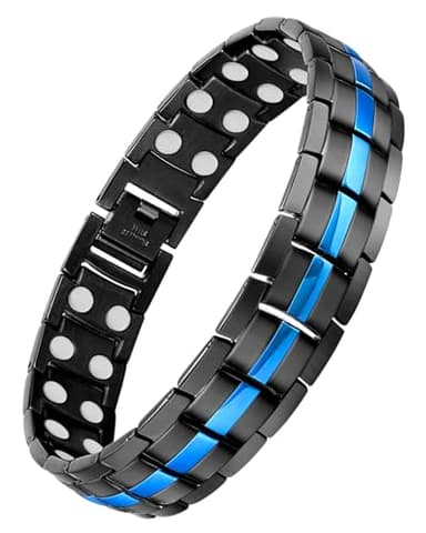 Feraco Magnetic Bracelet for Men Titanium Steel Magnetic Bracelet for Men with Double Row Magnets Adjustable (Black & Blue)