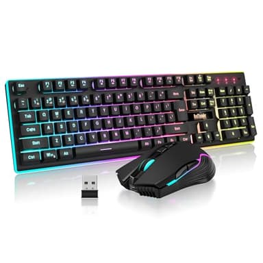 RedThunder K10 Wireless Gaming Keyboard and Mouse Combo, LED Backlit Rechargeable 3800mAh Battery, Mechanical Feel Anti-ghosting Keyboard + 7D 3200DPI Mice for PC Gamer (Black)