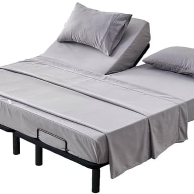 Kingnex Half Split Top King Sheets Set for Adjustable Bed 4 Pieces Includes 1 36-39 Partial Flex Head Fitted Sheet 1 Flat Sheet 2 Pillowcases Grey