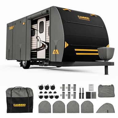 CAMMOO RV Cover for 27-30ft Travel Trailer 9 Layer 180g Heavy Duty Snowproof Waterproof Windproof UV- Resistant All Weather Protection with Full Kit Includes Tire Covers Tongue Jack Cover Storage Bag