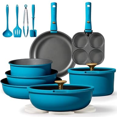 CAROTE 21pcs Pots and Pans Set, Nonstick Cookware Set Detachable Handle, Induction Kitchen Cookware Sets Non Stick with Removable Handle, RV Cookware Set, Peacock Blue
