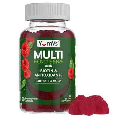 YumVs Teen Multivitamin Gummies with Biotin and Antioxidants - Raspberry Flavor - Hair Skin Nails Support - Kosher Teenager Vitamins for Boys and Girls 12-17 - Teen Gummy Multi Vitamin (60 Count)
