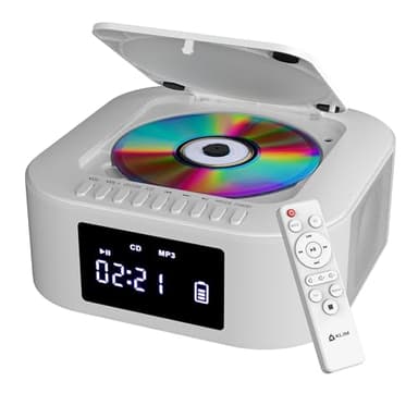 KLIM Boombox E1 - CD Player Portable Audio System + Extra BASS with Subwoofer + FM Radio, CD MP3 Bluetooth AUX USB + Wired and Wireless Mode Rechargeable Battery + Remote Control - White