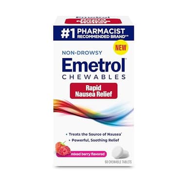 Emetrol Non-Drowsy Nausea Relief - Chewable Medicine for Upset Stomach - Pharmacist Recommended Nausea Relief - Mixed Berry Flavor, 60 Tablets