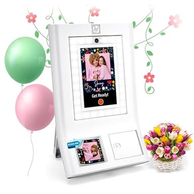 HP Sprocket Photo Booth Machine Instant Color Photo Printer - 10.1" Touchscreen Photobooth, LED Ring Light - Customize w/ 250+ Frames, Prints on 3x4 Zink Paper or Share via QR Code, Mobile App - White