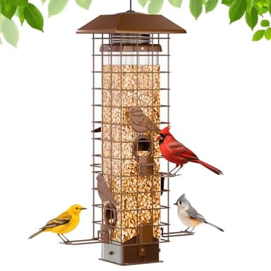 GAINSEN Squirrel-Proof Metal Bird Feeder with Removable Base, Weight-Activated Cage, Easy to Clean, Sturdy & Rust-Resistant, 3 lb Capacity, Outdoor Hanging Tube Bird Feeder for Cardinals & Finches