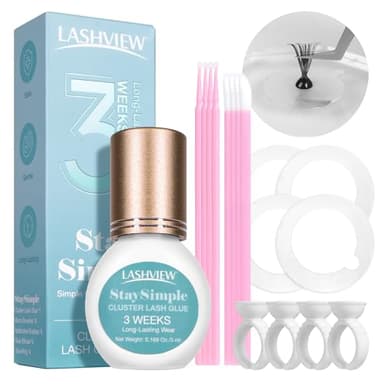 LASHVIEW Sensitive Lash Cluster Glue Kit, 3-4 Weeks Strong Hold Waterproof Eyelash Extension Glue, 2-3s Drying & No Irritation at Home or Salon with Tools & Accessories (5ml Black)