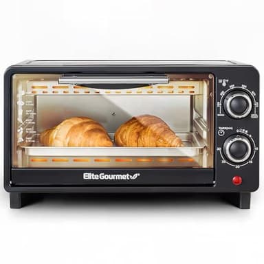 Elite Gourmet ETO490 9L/4 Slice Countertop Toaster Oven with 30-Minute Timer, Adjustable Temperature Control, Includes Baking Pan and Wire Rack, Bake, Broil, Toast, Black