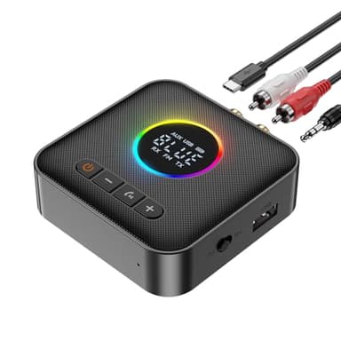MOREGAX M10 RGB Upgraded Bluetooth 5.4 Audio Receiver Transmitter for TV Home Stereo/Speakers Bluetooth Audio Adapter with Display, USB, RCA, 3.5 mm AUX, FM Radio Input/Output