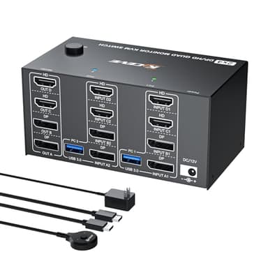 Quad Monitor KVM Switch 4 Monitors 2 Computers 4K120Hz/8K@30Hz,USB 3.0 KVM Switch Quad Monitor for 2 PC Share 4 Monitors and Keyboard and Mouse,with Wired Remote and USB Cables,Input 2 HD+2 DP Port