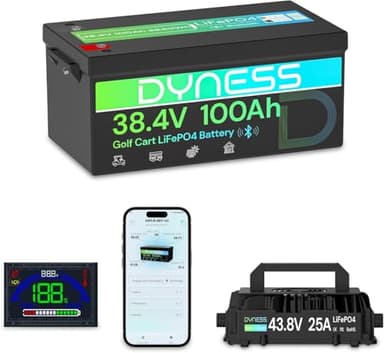 Dyness 36V 100Ah Lithium Golf Cart Battery with 36V 25A LiFePO4 Batteries Charger, 4000+ Cycles, Smart 200A BMS, Bluetooth App and LCD Display Compatible for Golf Cart，RVs & Solar