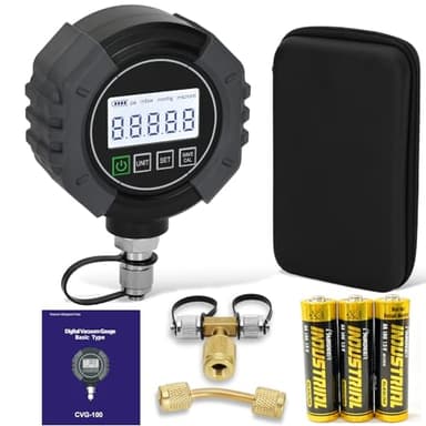 Pro Digital Vacuum Gauge, HVAC Pressure Tester with Alarm， HVAC Micron Gauge 0-75,000 Microns, 7/16-20 UNF, 1/4 inch SAE, Temp Compensation, LCD Backlit Display