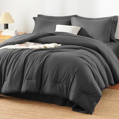 HIMEET Full Size Comforter Sets - 7 Pieces Bed in a Bag Full, Luxury Comforter Set with Sheets for All Season, Bed Set with Comforter, Flat Sheet, Fitted Sheet, Pillowcases & Shams, Dark Grey