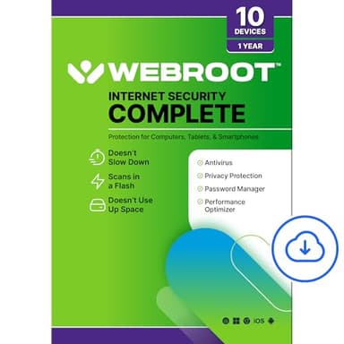 Webroot Internet Security Complete Antivirus Software 2026 10 Device 1 Year Download for PC/Mac/Chromebook/Android/IOS + Password Manager, Performance Optimizer