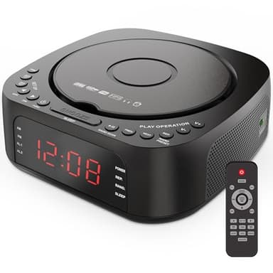 KUEPHOM CD Player Alarm Clock with Remote:CD/MP3,Bluetooth,FM Radio with Speakers,USB Charger and Dimmable Display for Bedroom-Dual Alarm with Optional Sound Suitable for Heavy/Light Sleeper
