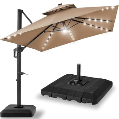 Best Choice Products 10x10ft Cantilever Patio Umbrella w/Base Included, Solar LED Lights 360 Rotation Large Offset Hanging Outdoor Shade for Deck Pool Backyard w/Stand – Tan