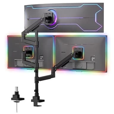 Mount-It! Heavy-Duty 2+1 Triple Monitor Mount, Stacked Ultrawide Desk Monitor Arm for One 49” Screen + Two 35” Monitors, 44 lb Gas Spring Arms, Clamp & Grommet Mount