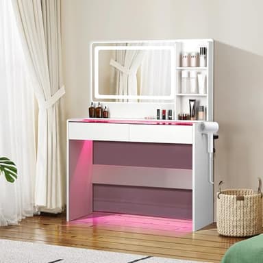 Cielozen Vanity Desk,Makeup Vanity Desk with Mirror and Lights,Transparent Top with LED Multiple Color Lights,Mirror 3 Color Modes 2 Drawers,Power Outlet,Dressing Table for Girls Bedroom,White