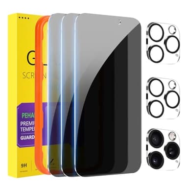 PEHAEL 3+3 Pack for iPhone 16 Pro Privacy Screen Protector with Camera Lens Protector Full Coverage Anti-Spy Tempered Glass Film 9H Hardness Easy Installation Bubble Free [6.3 inch]