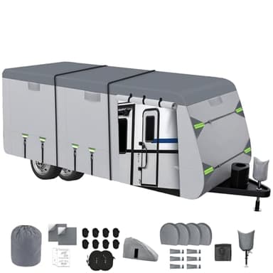 8-Layer Thickened RV Cover, 20-22ft Ultra Windproof & Tear Resistant Travel Trailer Cover, All-Weather Camper Cover with 8 Vents & 8+2 Extra Long Windproof Ropes, and Complete Kit