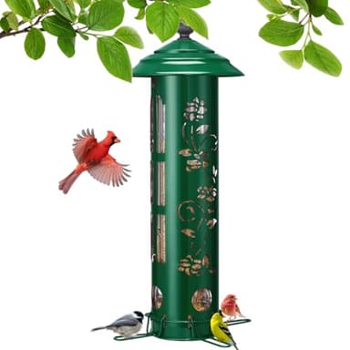 Veehoo Squirrel Proof Bird Feeders for Outdoors, Hanging Wild Bird Feeder Anti Squirrel with Weight-Activated Perches, Metal Cardinal Finch Feeder Outside Decorative for Thistle and Mixed Seed, Green